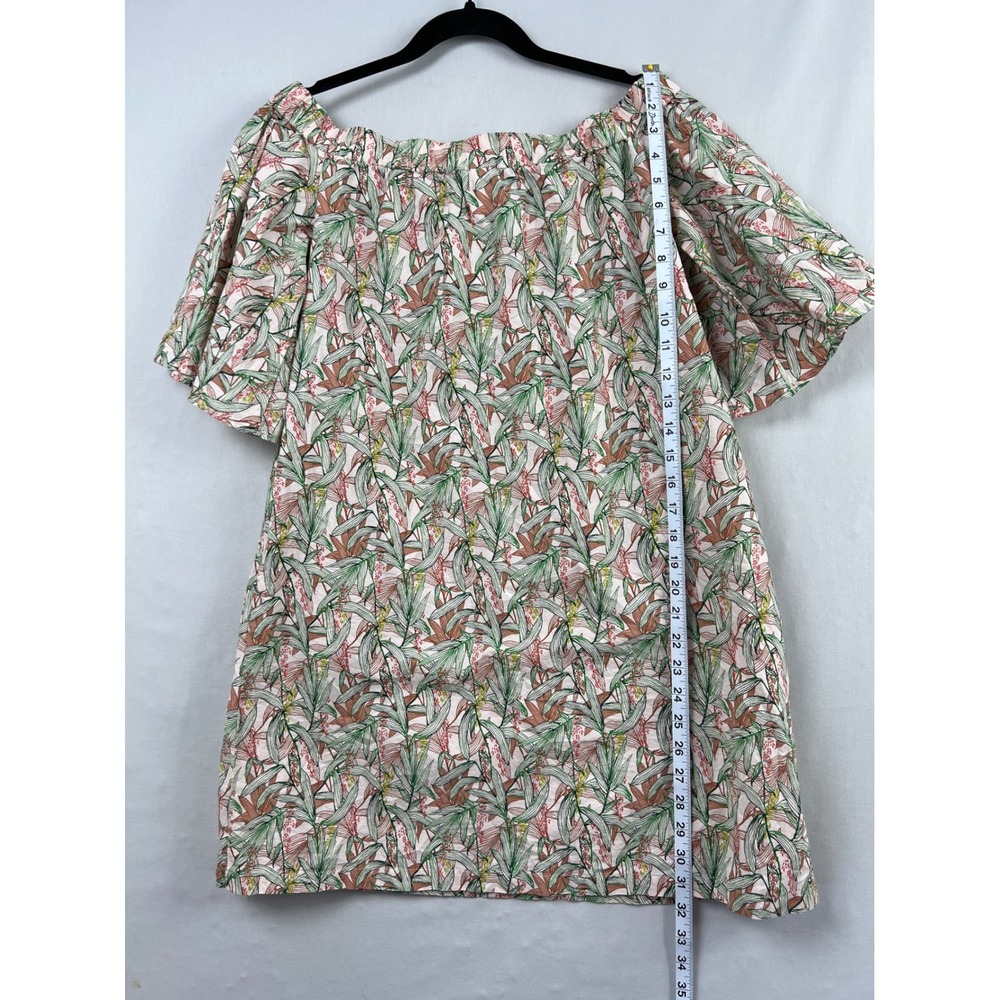 H&M Shift Dress Womens 2 Pink Green Botanical Tropical Off Shoulder Cotton Mini - Picture 5 of 10